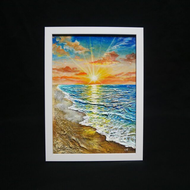 油絵 原画「黄金比の朝景」海と朝日の風景 額装アート 夏の模様替え