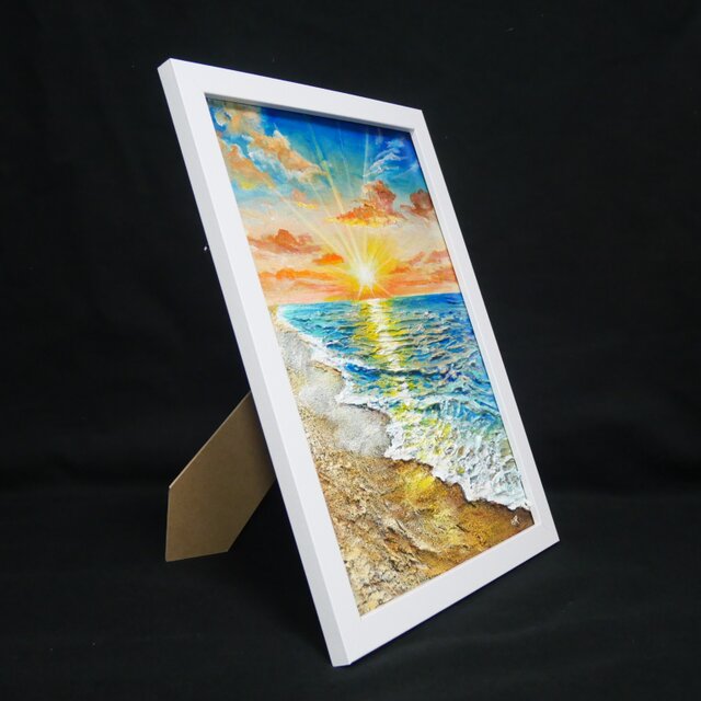 油絵 原画「黄金比の朝景」海と朝日の風景 額装アート 夏の模様替え