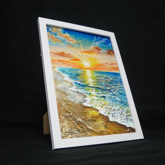 油絵 原画「黄金比の朝景」海と朝日の風景 額装アート 夏の模様替え