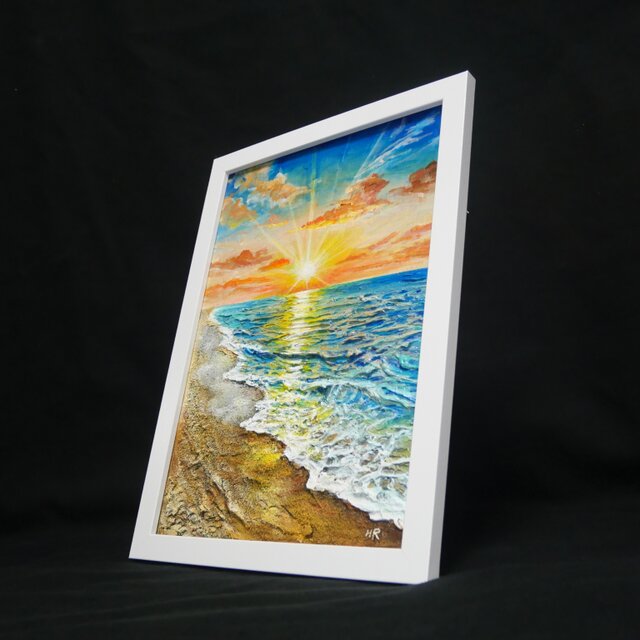 油絵 原画「黄金比の朝景」海と朝日の風景 額装アート 夏の模様替え