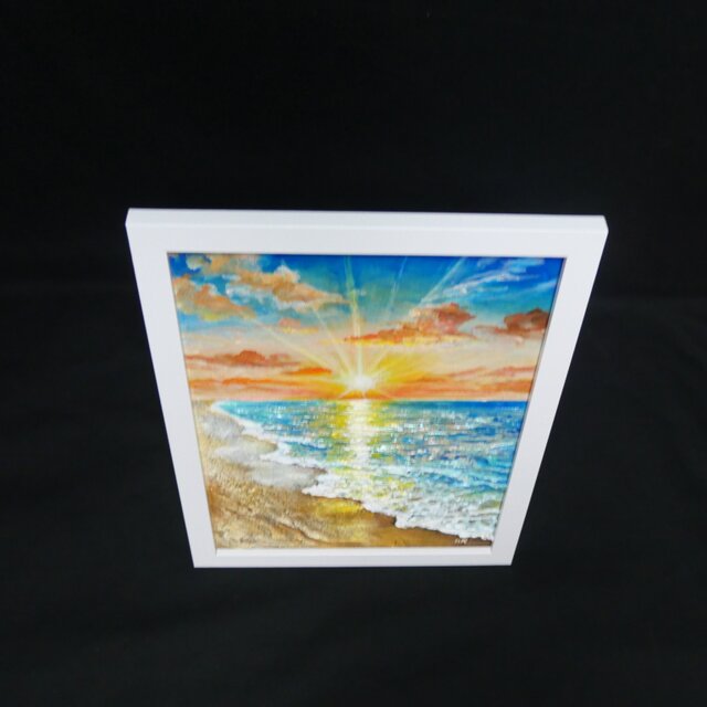 油絵 原画「黄金比の朝景」海と朝日の風景 額装アート 夏の模様替え