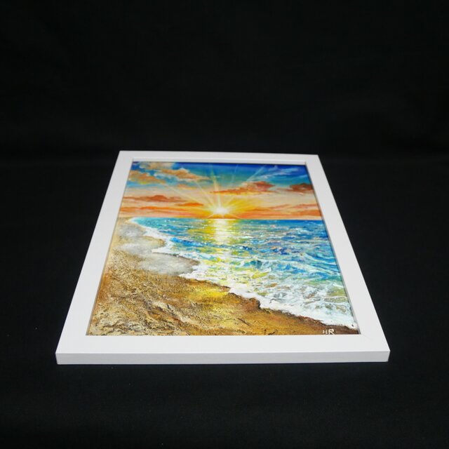 油絵 原画「黄金比の朝景」海と朝日の風景 額装アート 夏の模様替え