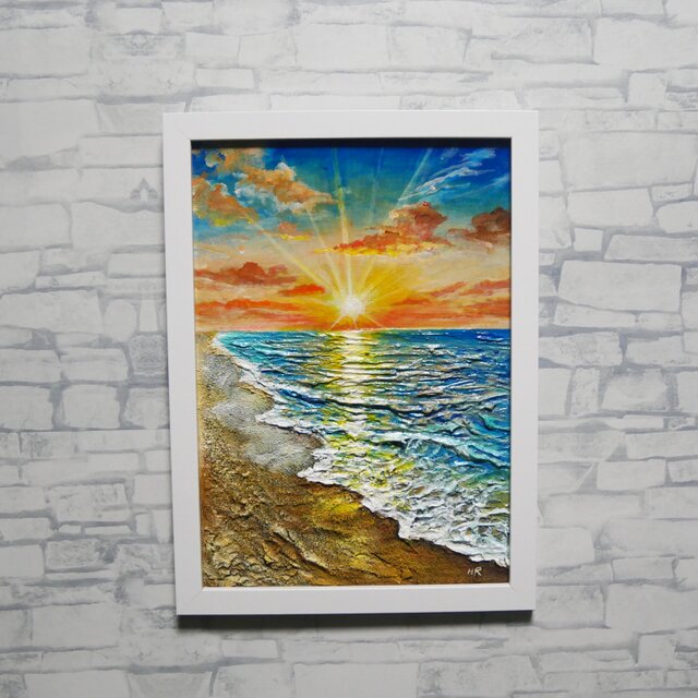 油絵 原画「黄金比の朝景」海と朝日の風景 額装アート 夏の模様替え