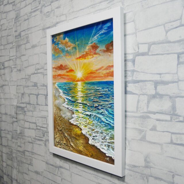 油絵 原画「黄金比の朝景」海と朝日の風景 額装アート 夏の模様替え