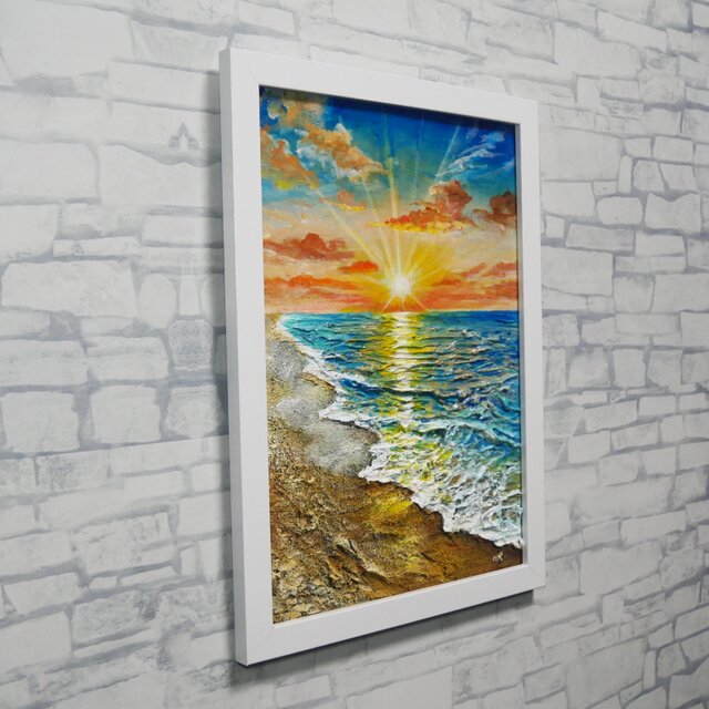 油絵 原画「黄金比の朝景」海と朝日の風景 額装アート 夏の模様替え