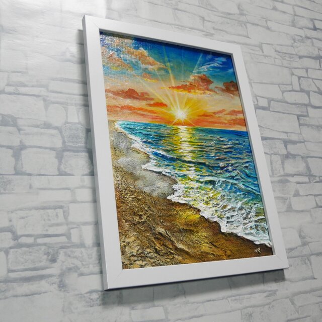 油絵 原画「黄金比の朝景」海と朝日の風景 額装アート 夏の模様替え