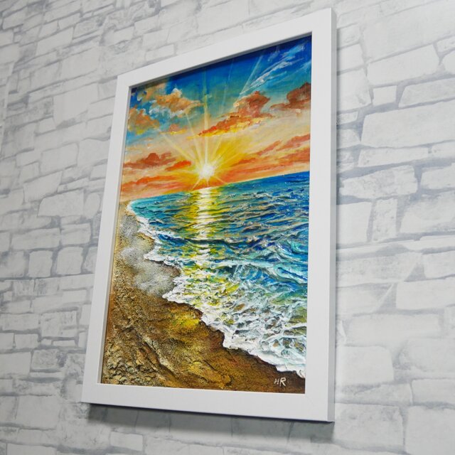 油絵 原画「黄金比の朝景」海と朝日の風景 額装アート 夏の模様替え