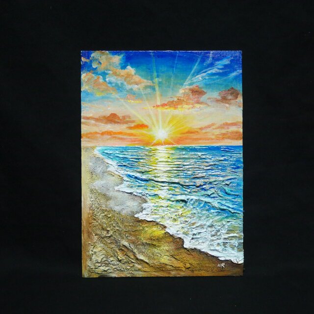 油絵 原画「黄金比の朝景」海と朝日の風景 額装アート 夏の模様替え