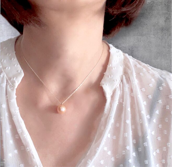 天然淡水パール ピーチオレンジ ペンダント＆ネックレス 14kgf 11.3mm