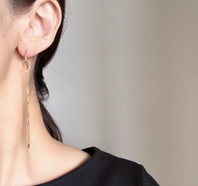 14kgf hoop box chain アシンメトリー ピアス チェーン フープ | iichi