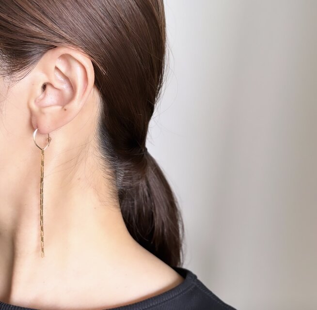 14kgf hoop box chain アシンメトリー ピアス チェーン フープ | iichi