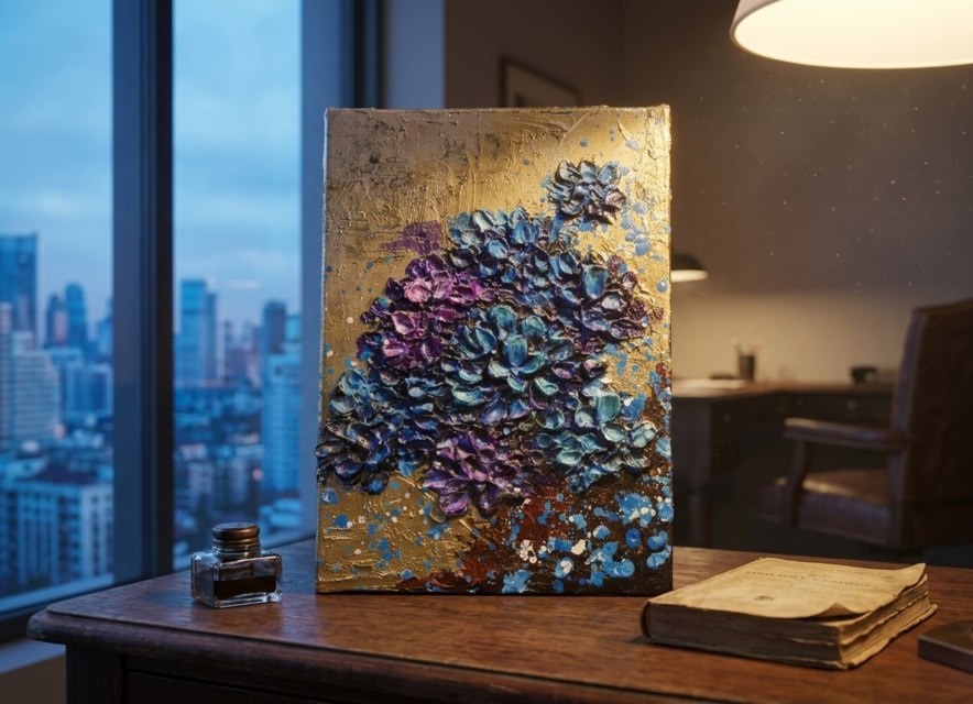 原画】黄金に咲く雨の記憶（あじさい）｜油彩画 立体アート 梅雨の