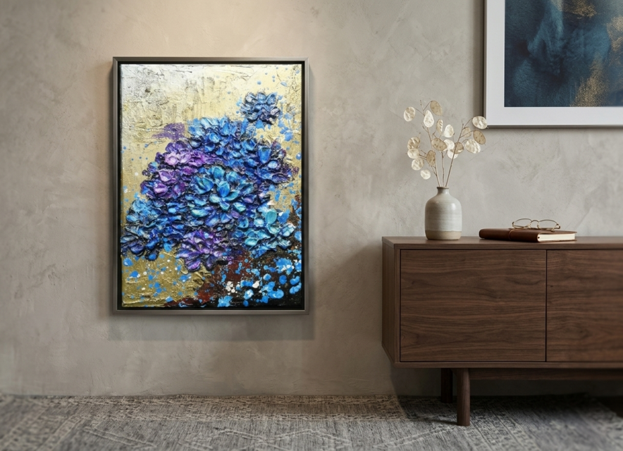 原画】黄金に咲く雨の記憶（あじさい）｜油彩画 立体アート 梅雨の