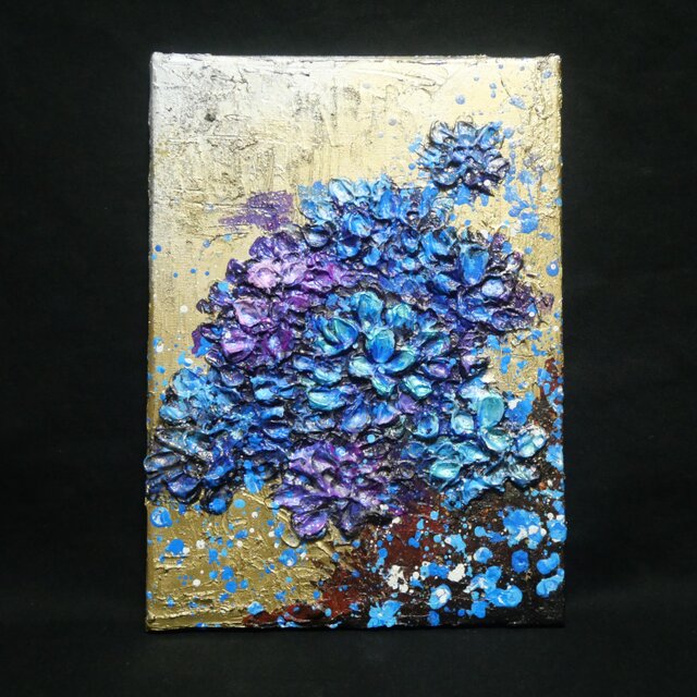 原画】黄金に咲く雨の記憶（あじさい）｜油彩画 立体アート 梅雨の