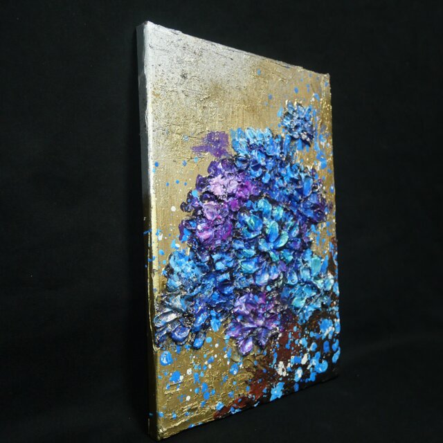 原画】黄金に咲く雨の記憶（あじさい）｜油彩画 立体アート 梅雨の