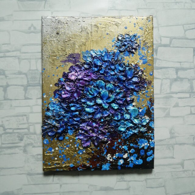 原画】黄金に咲く雨の記憶（あじさい）｜油彩画 立体アート 梅雨の