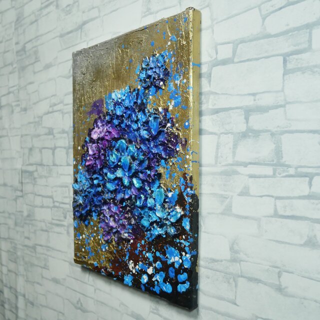 原画】黄金に咲く雨の記憶（あじさい）｜油彩画 立体アート 梅雨の