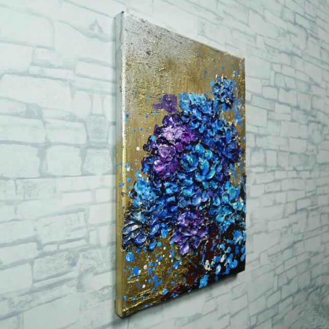 原画】黄金に咲く雨の記憶（あじさい）｜油彩画 立体アート 梅雨の