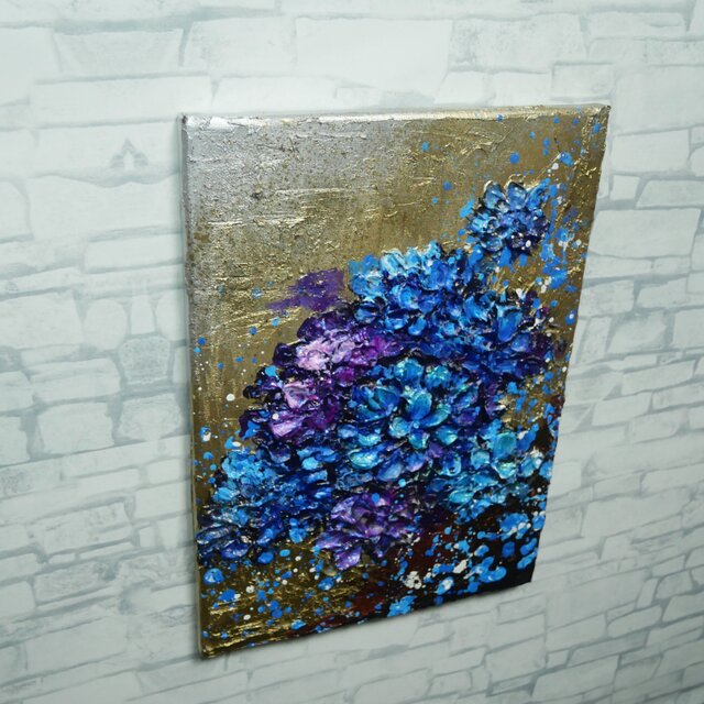 原画】黄金に咲く雨の記憶（あじさい）｜油彩画 立体アート 梅雨の