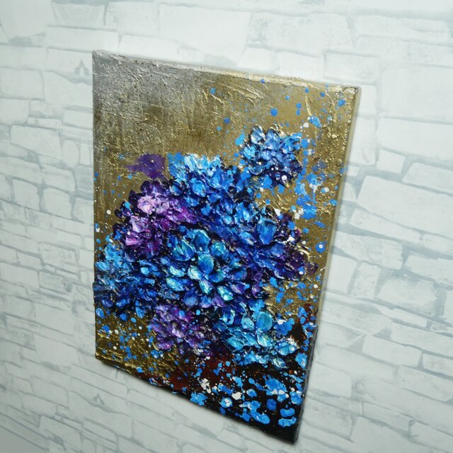 原画】黄金に咲く雨の記憶（あじさい）｜油彩画 立体アート 梅雨の