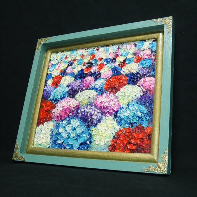 油絵【梅雨を彩る宝石箱】紫陽花 原画 絵画 あじさい アート 額縁付 壁掛け 油彩画原画【梅雨を彩る宝石箱】アジサイの絵 油絵 インテリアアート