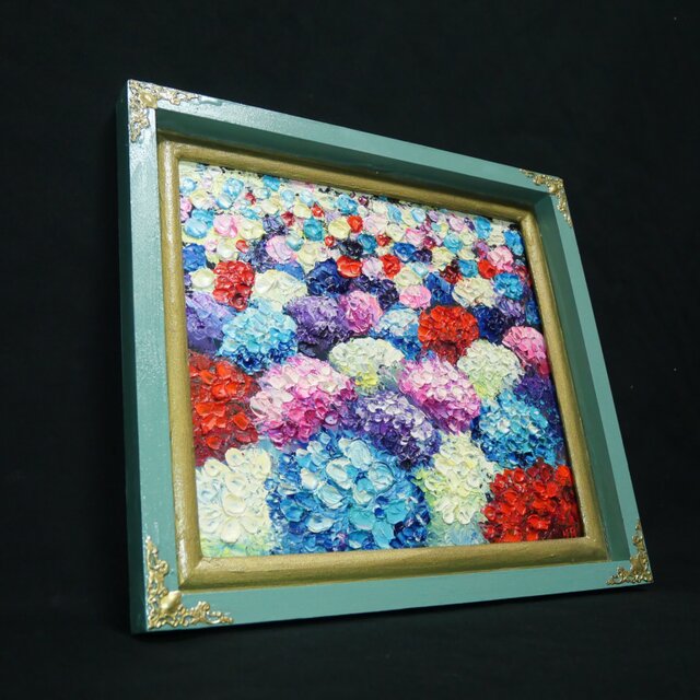 油絵【梅雨を彩る宝石箱】紫陽花 原画 絵画 あじさい アート 額縁付 壁掛け 油絵【梅雨を彩る宝石箱】紫陽花 原画 絵画 あじさい アート 額縁付