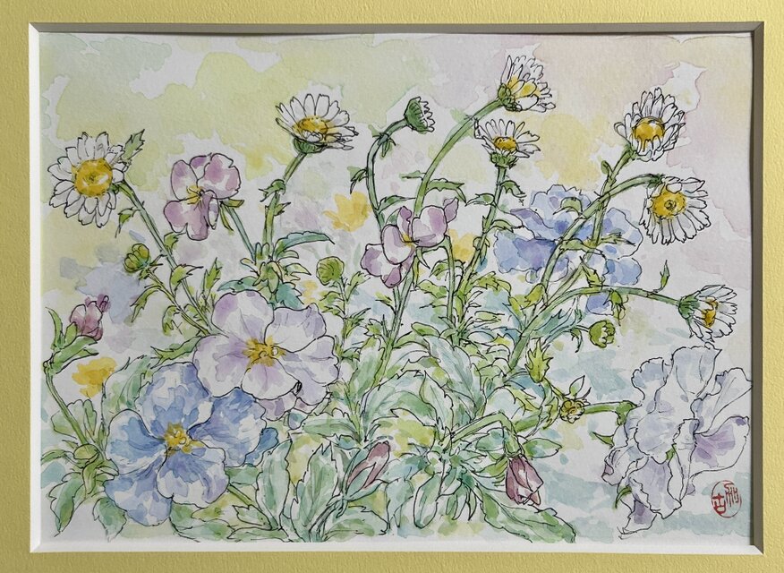 花の絵 水彩画 フレーム付き 春の庭(水彩画、春、花、フレーム付き) | iichi 日々の暮らしを
