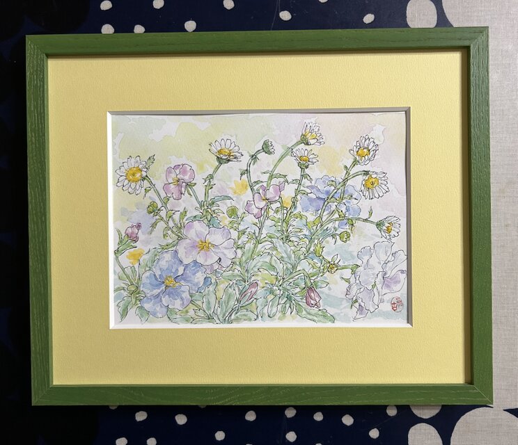 ♡たまみな♡水彩画 春の庭　ムスカリの花とめじろ　値段は※900円です 春の庭(水彩画、春、花、フレーム付き) | iichi 日々の暮らしを