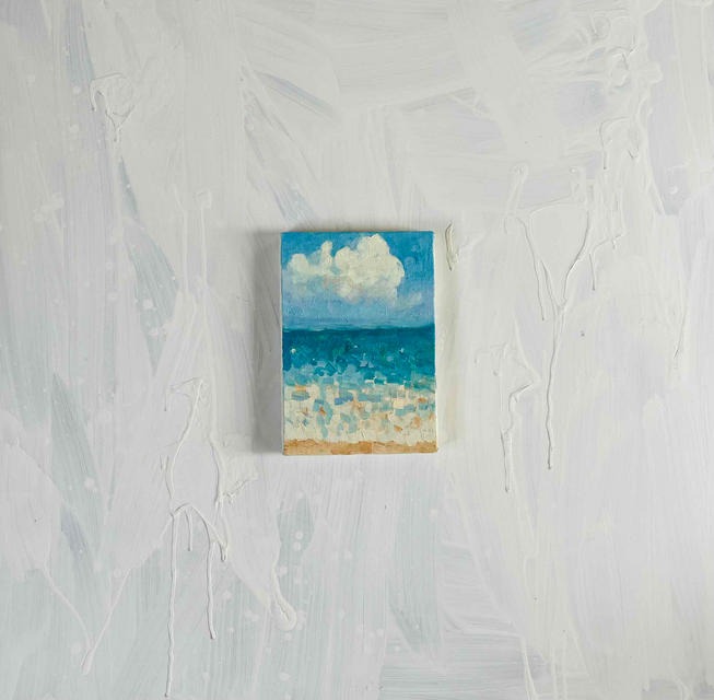 原画 油彩「夏の海」絵画・サムホールサイズ （16×23㎝）アート