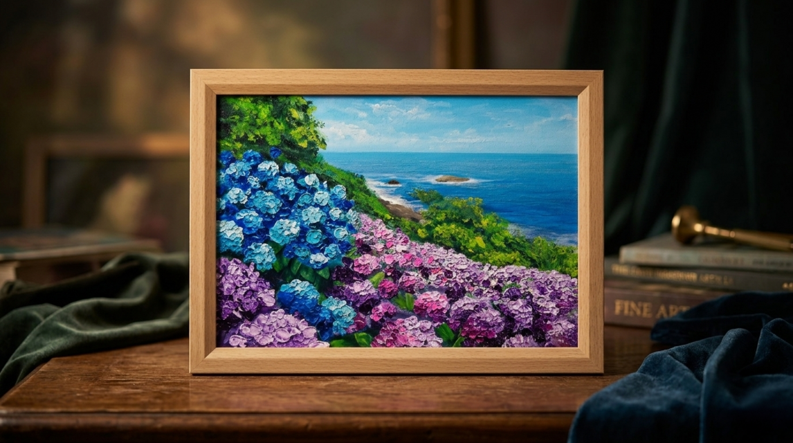 油絵 原画【初夏に目覚める日向の理想郷】紫陽花 あじさい 青い海 初夏