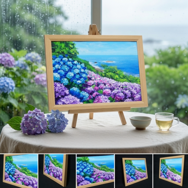 油絵 原画【初夏に目覚める日向の理想郷】紫陽花 あじさい 青い海 初夏