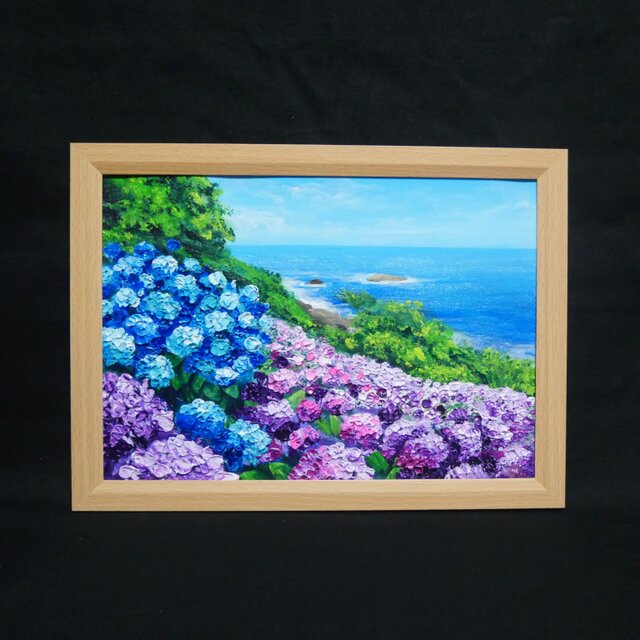 油絵 原画【初夏に目覚める日向の理想郷】紫陽花 あじさい 青い海 初夏
