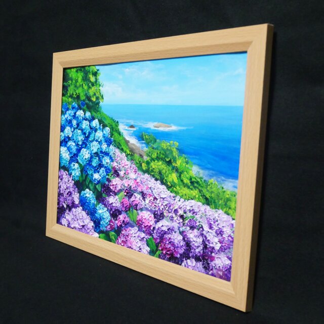 油絵 原画【初夏に目覚める日向の理想郷】紫陽花 あじさい 青い海 初夏
