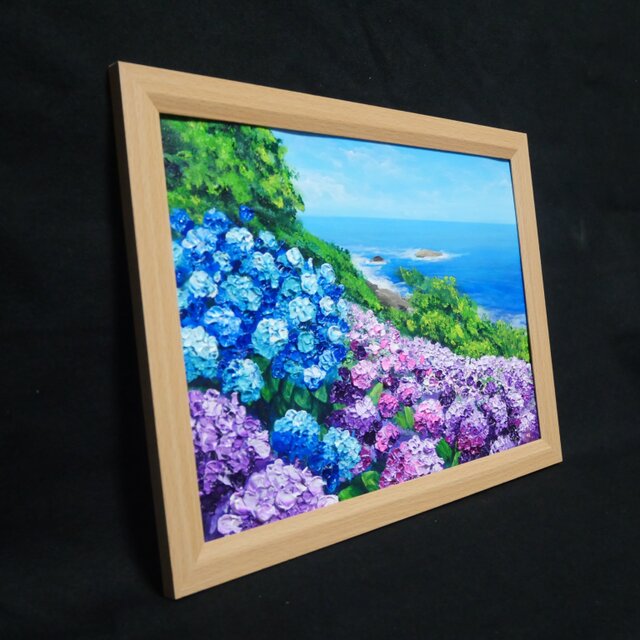 油絵 原画【初夏に目覚める日向の理想郷】紫陽花 あじさい 青い海 初夏