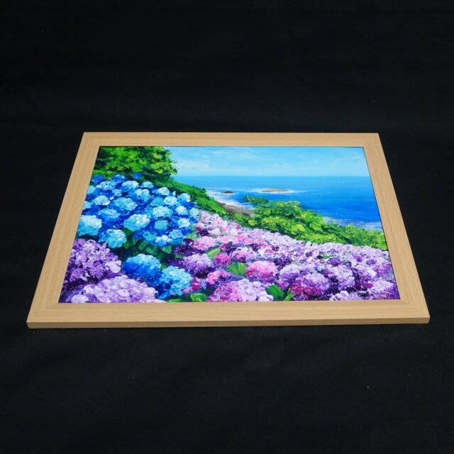 油絵 原画【初夏に目覚める日向の理想郷】紫陽花 あじさい 青い海 初夏