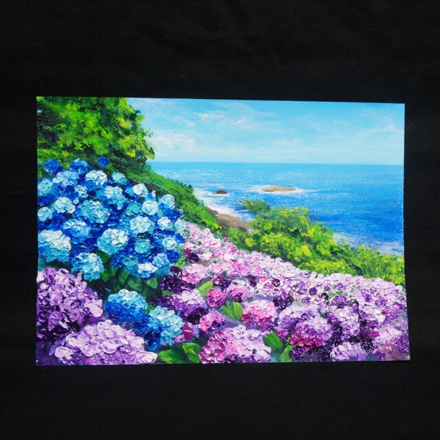 油絵 原画【初夏に目覚める日向の理想郷】紫陽花 あじさい 青い海 初夏