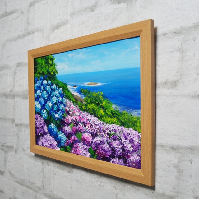 油絵 原画【初夏に目覚める日向の理想郷】紫陽花 あじさい 青い海 初夏