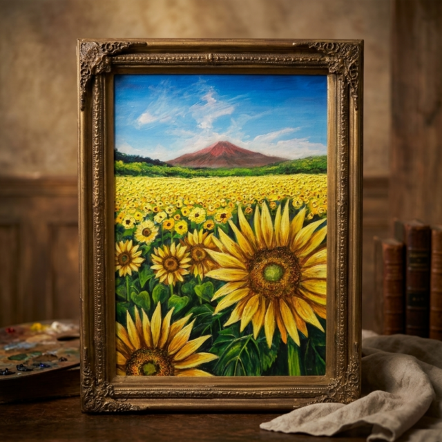 油絵 絵画【夏雲と富士を望むひまわりの丘】ひまわり畑と富士山