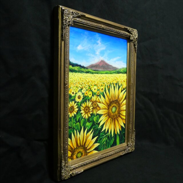 油絵 絵画【夏雲と富士を望むひまわりの丘】ひまわり畑と富士山