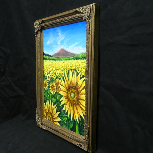 油絵 絵画【夏雲と富士を望むひまわりの丘】ひまわり畑と富士山