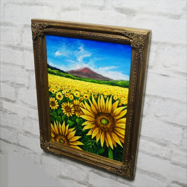 油絵 絵画【夏雲と富士を望むひまわりの丘】ひまわり畑と富士山