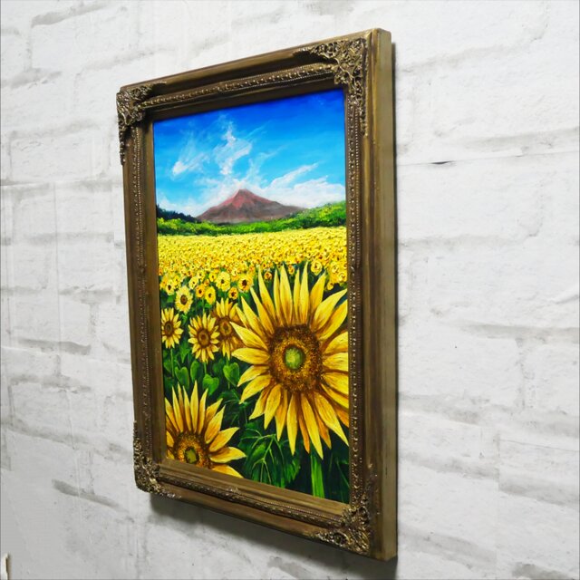 油絵 絵画【夏雲と富士を望むひまわりの丘】ひまわり畑と富士山