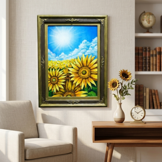 油彩画 原画 「永遠の夏空」 ひまわりと太陽の絵 額装 アートフレーム