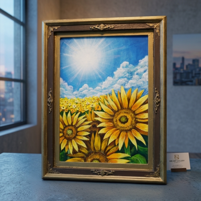 大型額装 風景画 油彩画 高級感あるフレーム入りインテリアアート♪ 油彩画 原画 「永遠の夏空」 ひまわりと太陽の絵 額装 アートフレーム