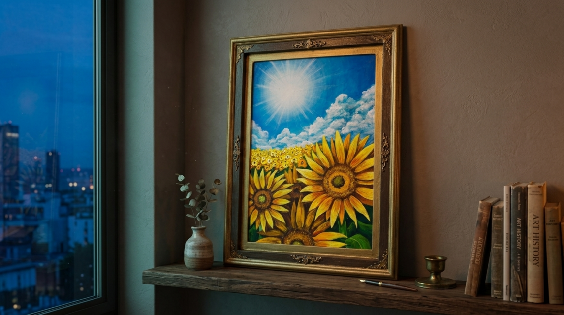 油彩画 原画 「永遠の夏空」 ひまわりと太陽の絵 額装 アートフレーム