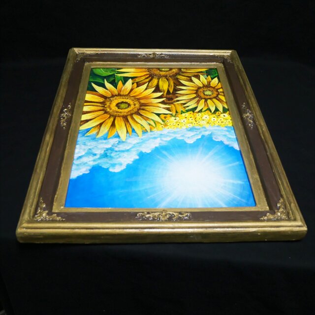 油彩画 原画 「永遠の夏空」 ひまわりと太陽の絵 額装 アートフレーム