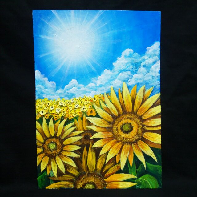 ひまわりの油彩画（黒フレーム） 油彩画 原画 「永遠の夏空」 ひまわりと太陽の絵 額装 アートフレーム