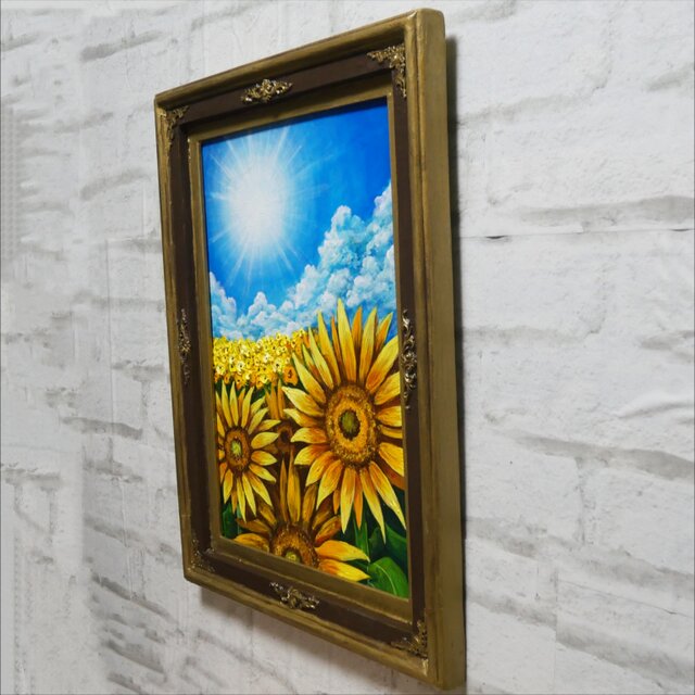 油彩画 原画 「永遠の夏空」 ひまわりと太陽の絵 額装 アートフレーム