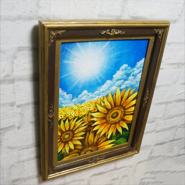 油彩画 原画 「永遠の夏空」 ひまわりと太陽の絵 額装 アートフレーム