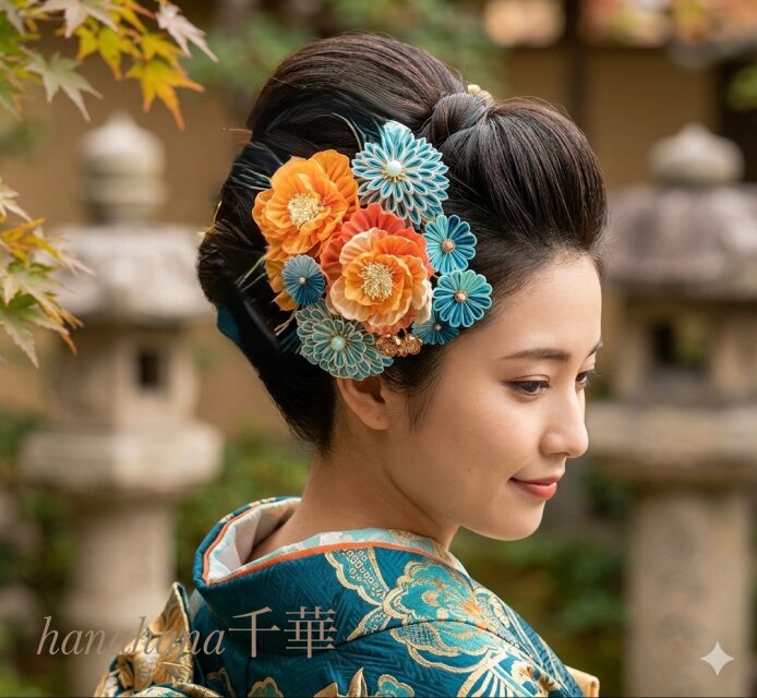 つまみ細工成人式・婚礼用髪飾り「緑雨と芍薬」 | iichi 日々の暮らし